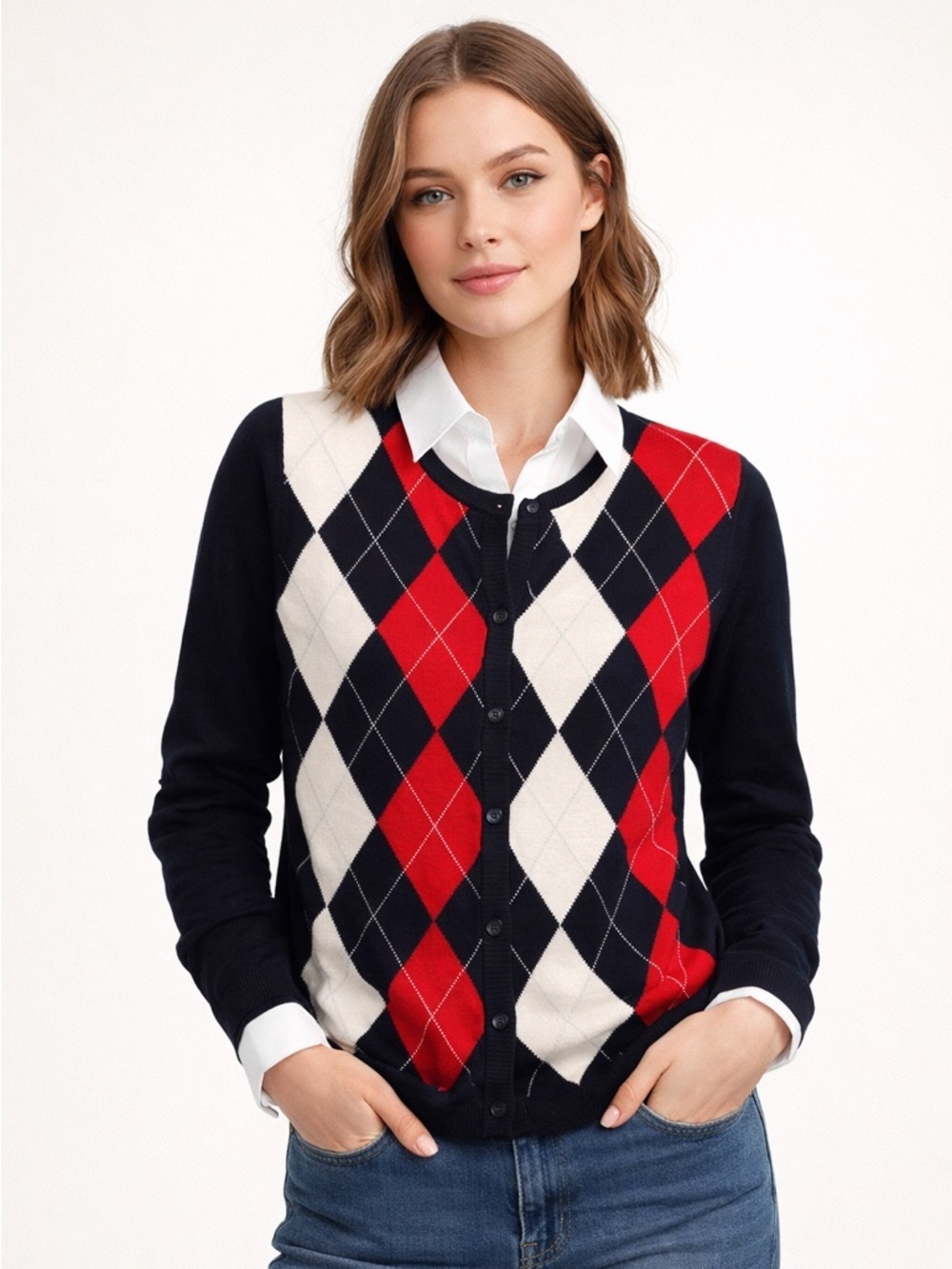 Talora Merino Wool Cardigan Sweater Argyle L Holiday Academia Preppy Collegiate